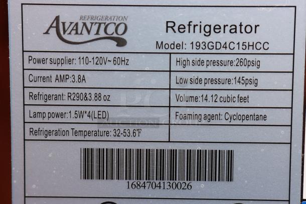 Avantco GD4C-15-HC label showing specs: 3.8 Amps, 115 Volts, 14.12 cu ft volume. S/N 1684704130026. Outer glass damaged.