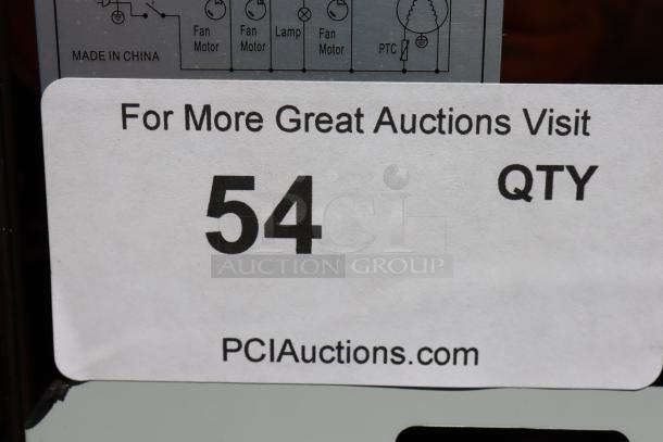 Avantco GD4C-15-HC display case; damaged glass side. Label shows lot number 54, promoting PCIauctions.com.