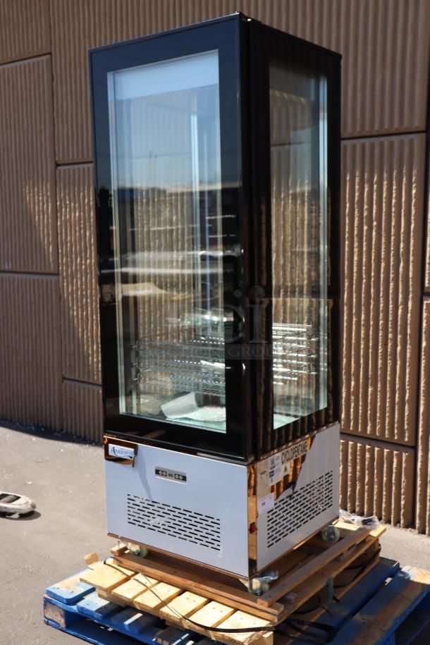 Avantco GD4C-15-HC copper 4-sided glass refrigerated display case, 115V, in working order, outer glass pane damaged.