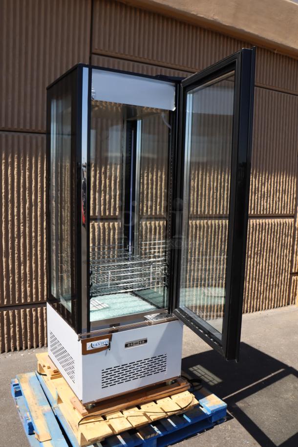 Avantco GD4C-15-HC copper glass display case, 25.5"x25.5"x74.8". New, scratch-n-dent, one pane damaged, in working order.