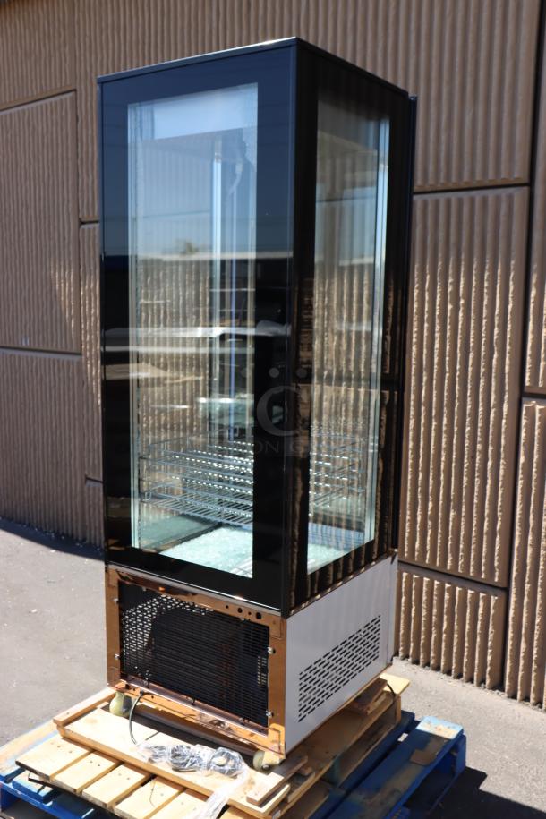 Avantco GD4C-15-HC glass display case, 115V, 3.8A, copper finish, one pane damaged, SN 1684704130026, 25.5"x25.5"x74.8".