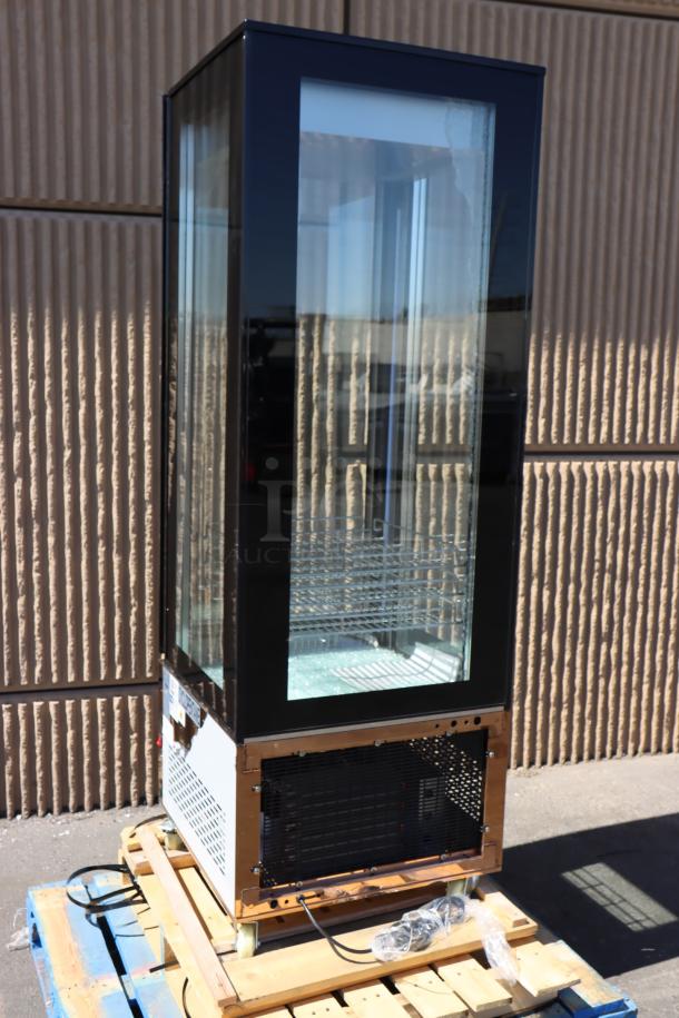 Brand new Avantco GD4C-15-HC refrigerated display case, 4-sided glass, copper finish, outer glass damaged, 25.5"x25.5"x74.8".