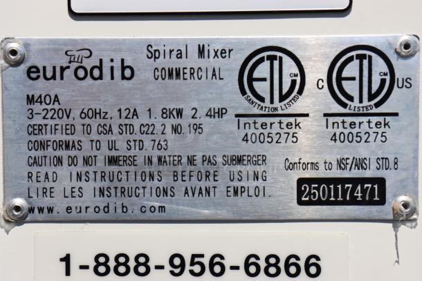 Eurodib M40A commercial mixer label, showing model, voltage, certifications, and serial number 250117471.