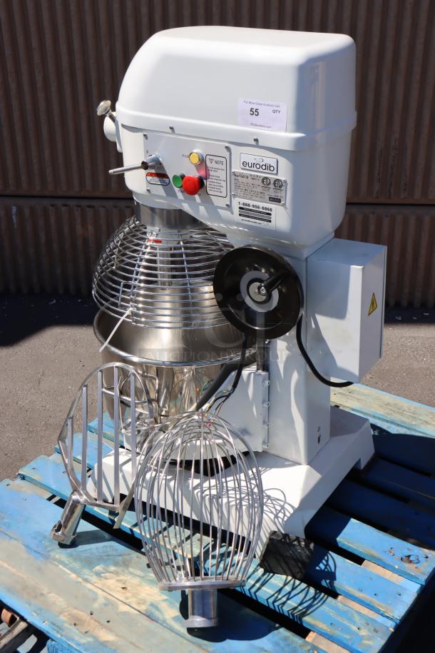 Eurodib M40A 40 Qt. commercial planetary mixer, new, includes mixing bowl, stainless steel whip, beater; 208-240V, 2 hp.