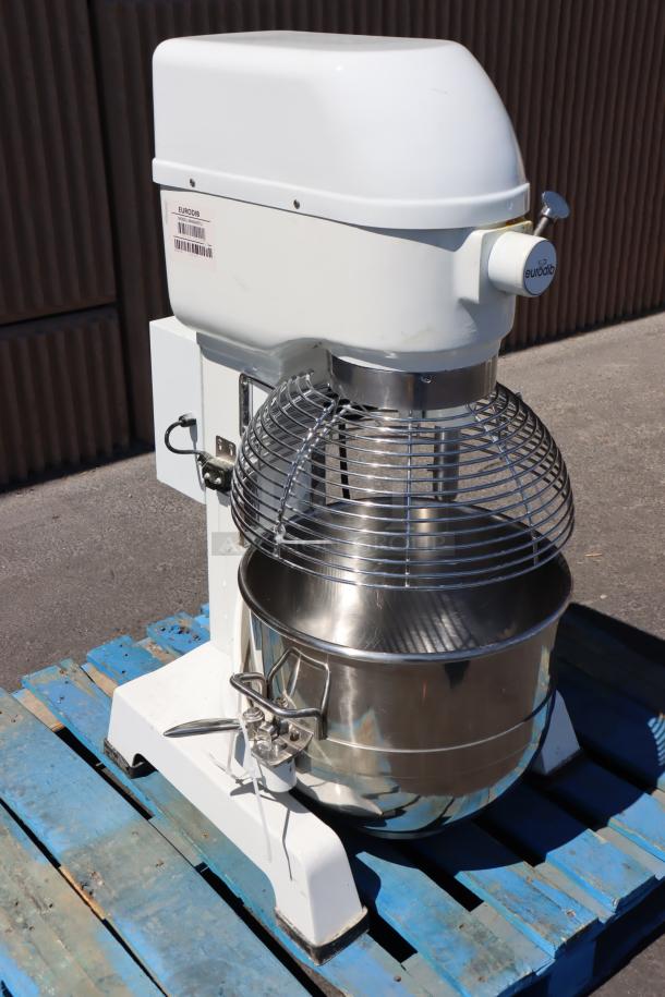 Eurodib M40A commercial mixer, 40 Qt. capacity, stainless steel bowl, whip, beater, scratch-n-dent, 208-240V, 3 phase.