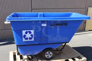 BRAND NEW Rubbermaid® BRUTE Blue Recycling Tilt Truck, Model 2089826, missing one caster, 1 cubic yard, 1250 lb. capacity.