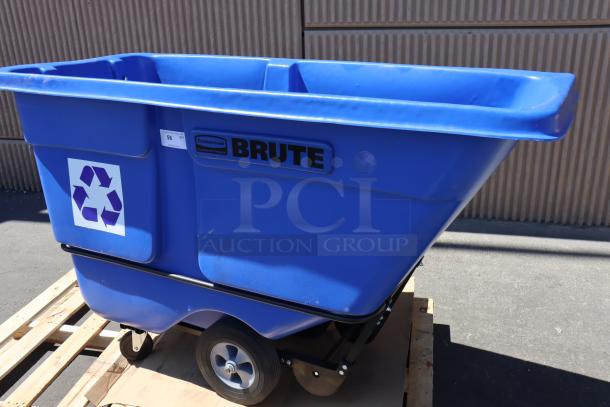 Rubbermaid® BRUTE blue recycling tilt truck, 2089826 model, 1 cubic yard, 1250 lb. capacity, missing one small caster.