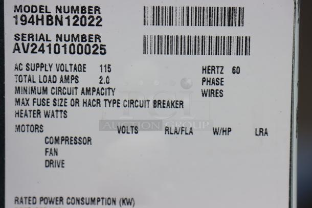 Avantco Ice HBN120-22 dispenser label, model 194HBN12022, serial AV2410100025, 115V, 120 lb. capacity, minor wear.