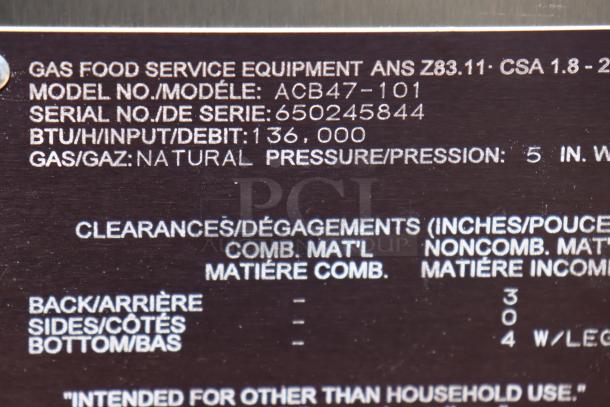 Label of Wolf by Vulcan ACB47-NAT Charbroiler. Shows model: ACB47-101, serial: 650245844, 136,000 BTU, natural gas.