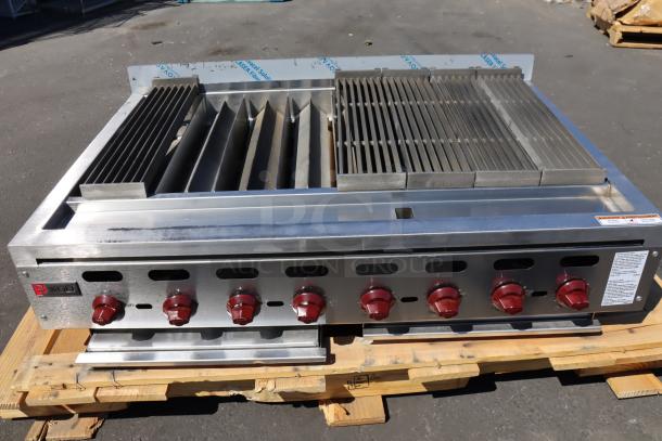 Brand new Wolf by Vulcan ACB47-NAT 47" gas charbroiler, 136,000 BTU, missing a couple grates; serial no. 650245844.