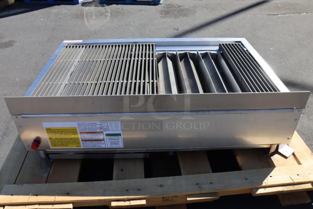 Brand new Wolf by Vulcan ACB47-NAT 47" radiant gas charbroiler, 136,000 BTU, natural gas, missing grates, tags visible.