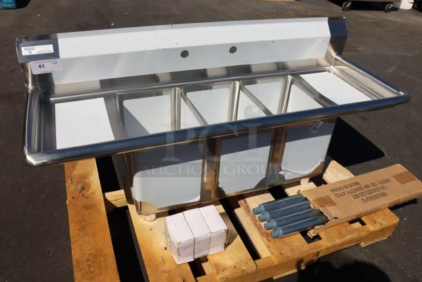 Brand new Steelton 54" stainless steel sink with 3 compartments and 2 drainboards. Dings and scratches present. Model: 522CS31014LR.