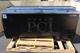 True TD-80-30-HC black horizontal bottle cooler, scratch-and-dent condition, 80 1/8", 115V, 2.8A, shown on a pallet.