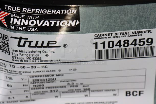 True TD-80-30-HC cooler label, model and serial number visible. Made by True Refrigeration in the USA.