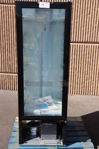 Avantco GDC-10-HC merchandiser fridge, broken glass door, missing panels, and power cord. For parts.