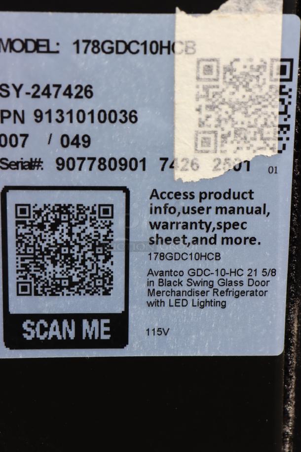 Label displaying Avantco GDC-10-HC merchandiser refrigerator details, model number, and serial number for parts.