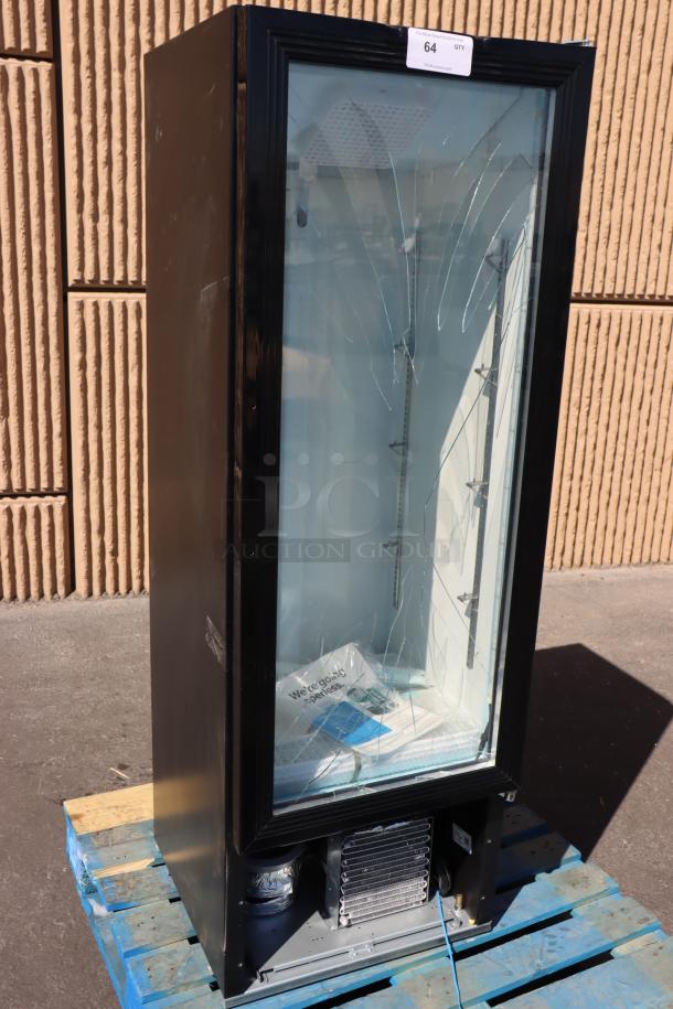 Avantco GDC-10-HC merchandiser fridge, broken glass door, missing panels, no power cord, 21 5/8", black, LED lighting.