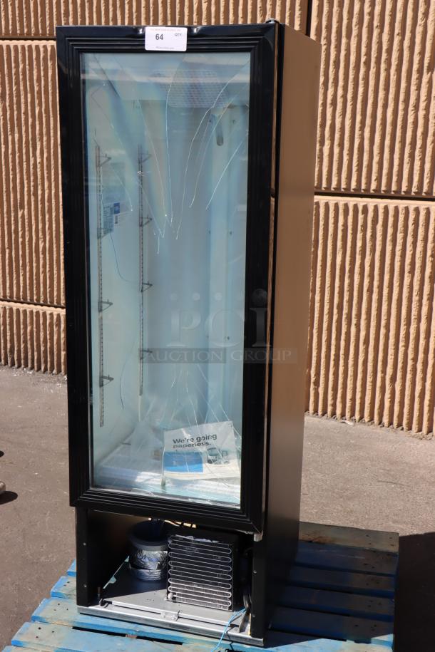 Avantco GDC-10-HC merchandiser with a broken glass door, missing power cord, and panels. Ideal for parts. Serial No.: 907780901.