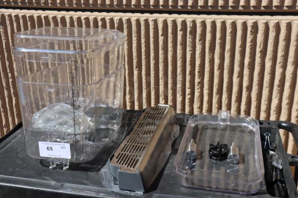 Crathco 4.75 Gallon Bowls with BPA-Free Lids for Double Premix Cold Beverage Dispenser, Model 38523101299, new condition.