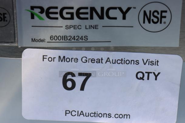 Regency Spec Line ice bin model 600IB2424S tag. NSF certified. Auction label shows "67 QTY" and website link.