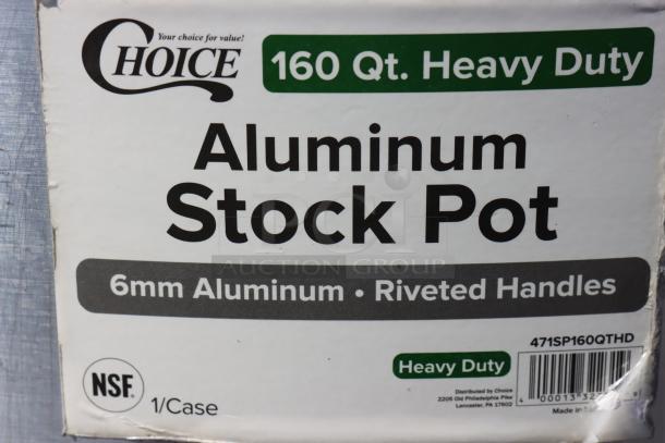 Choice 471SP160QTHD 160 Qt. Heavy Weight Aluminum Stock Pot, 6mm thick, riveted handles, NSF certified, heavy-duty.