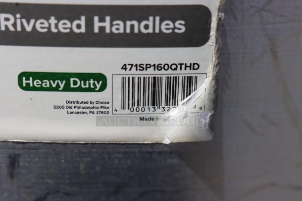 Choice 471SP160QTHD label for 160 Qt. heavy-duty aluminum stock pot, model details, barcode, riveted handles.