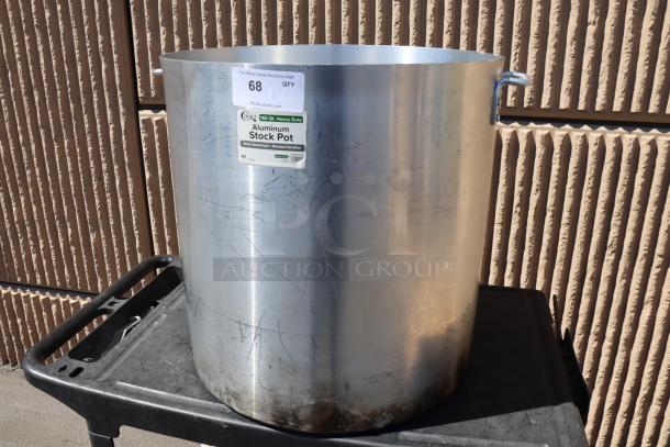 Choice 471SP160QTHD 160 Qt. Heavy Weight Aluminum Stock Pot, visible wear, labels indicating 6mm aluminum, riveted handles.