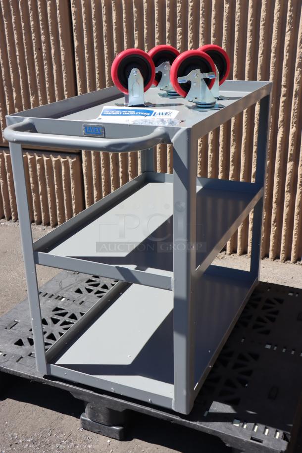 Brand new Lavex 257LSUC18303 steel utility cart, 30"x18"x35", three shelves, fully welded, minor scratches possible.