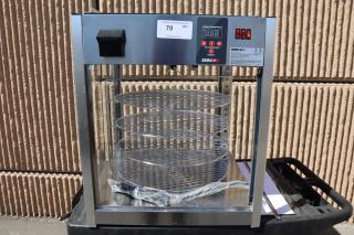 Brand new ServIt PDW18D1S 18" display warmer, dented, missing glass panels. Door on top. 4 shelves, 120V, 1,500W. Serial #1685004080132.