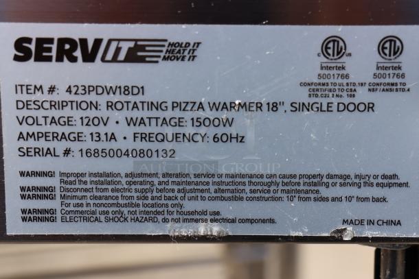 Alt text: ServIt PDW18D1S 18" display warmer label detailing specifications: 120V, 1,500W, serial #1685004080132. Made in China.