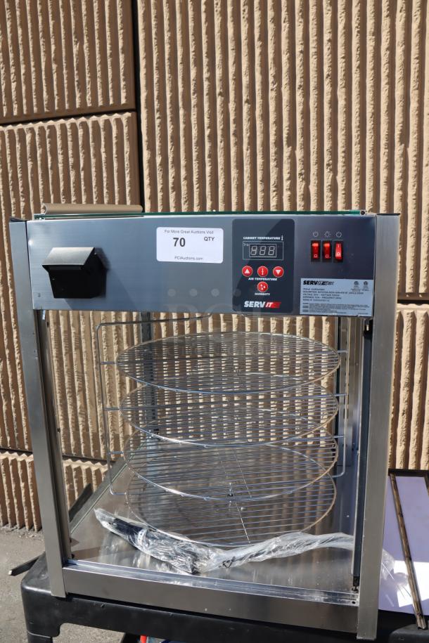 ServIt PDW18D1S 18" countertop display warmer, dented, missing back and right side glass panels, door on top.