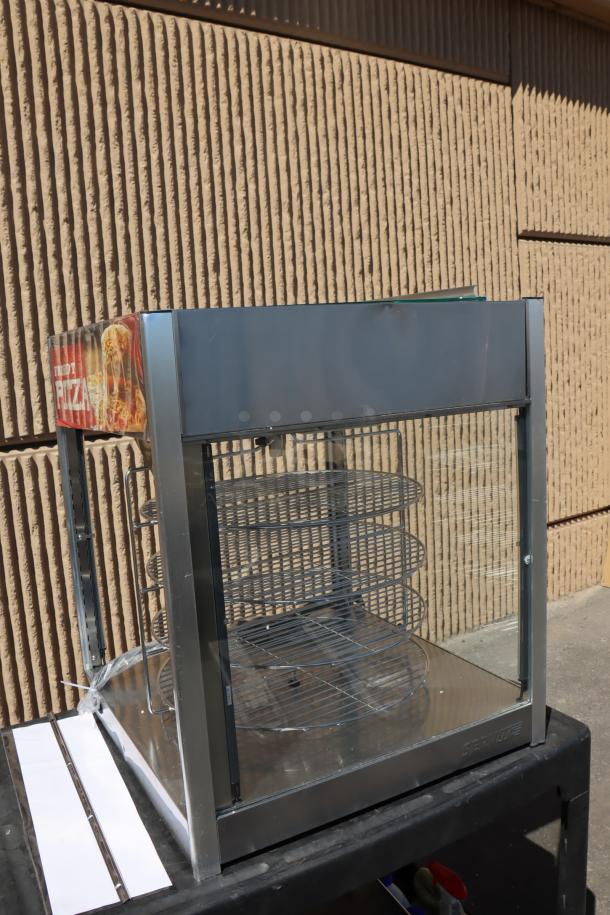 ServIt PDW18D1S 18" display warmer, new scratch-n-dent, missing back & right glass, door on top, 4 shelves, 120V.