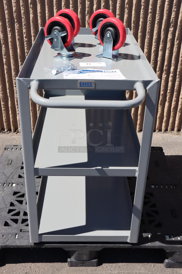 Lavex 257LSUC18303 steel utility cart, 30"x18"x35", three shelves, gray, out of packaging, minor scratches, includes casters.