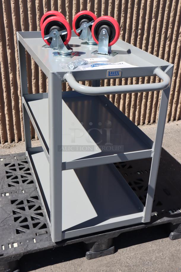 Lavex 257LSUC18303 30"x18"x35" steel utility cart, three trays, fully welded, new, may show minor scratches; out of packaging.