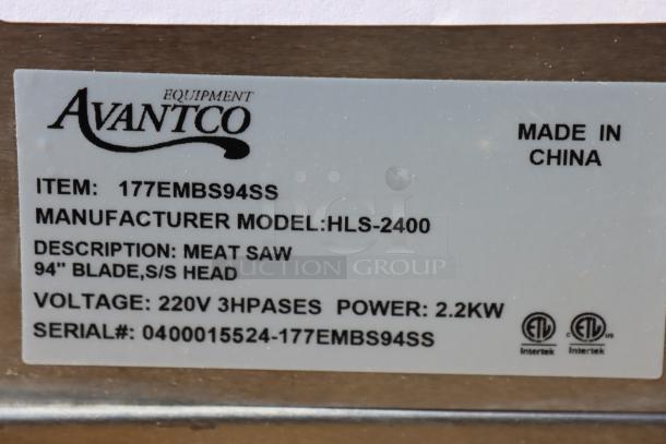 Avantco EMBS94SS 94" vertical band meat saw label; missing legs, 3 hp, 220/240V, 3-phase, serial# 0400015524-177EMBS94SS.