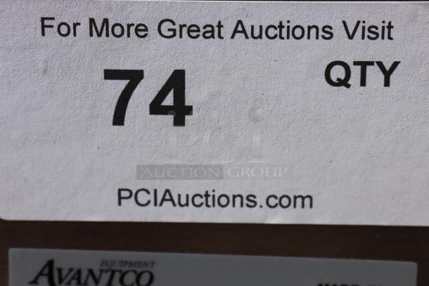 Alt text: Auction tag showing lot number 74 and website link for more auctions. Avantco branding visible below.