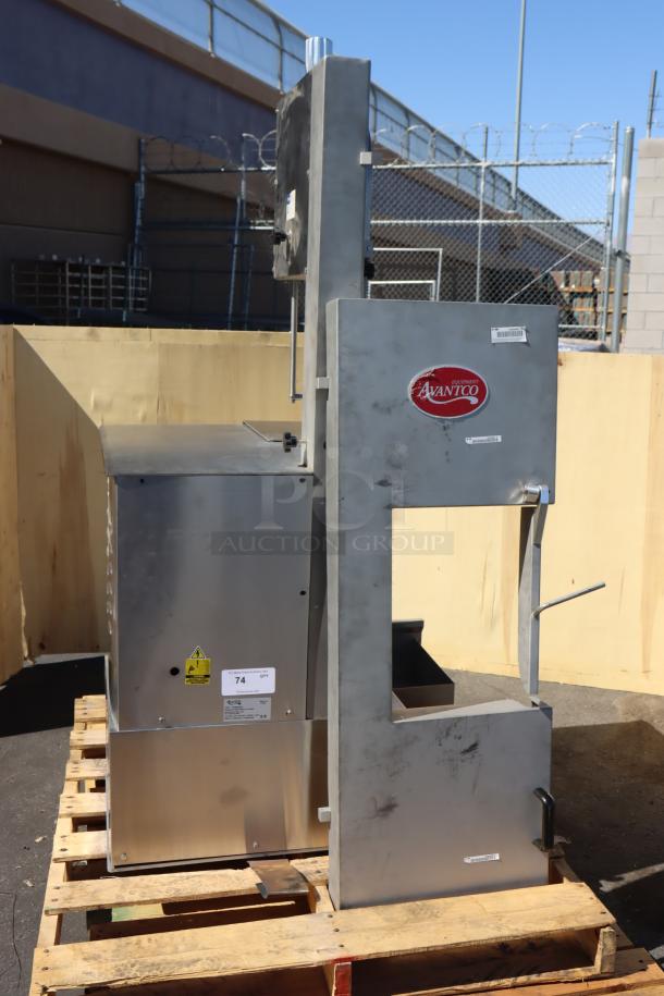 Brand new Avantco EMBS94SS 94" stainless steel vertical band meat saw, missing legs, 3 hp, 220/240V, 3 phase.