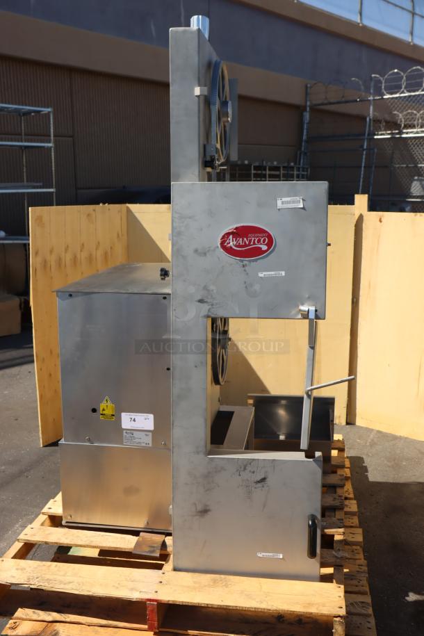 Brand new Avantco EMBS94SS 94" vertical band meat saw, stainless steel, 3 hp, 220/240V, missing legs.