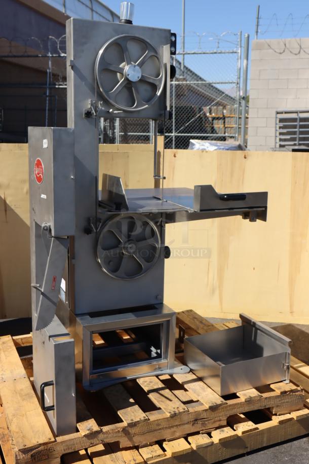 Brand new Avantco EMBS94SS vertical band meat saw, 94" blade, 3 hp, 220/240V, 3 phase, 10.5 amps, missing legs.