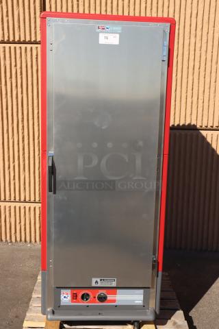 Brand new Metro C539-HLFS-4 red hot holding cabinet with bent wheel and damaged power cord. Solid door, fixed wire slides.