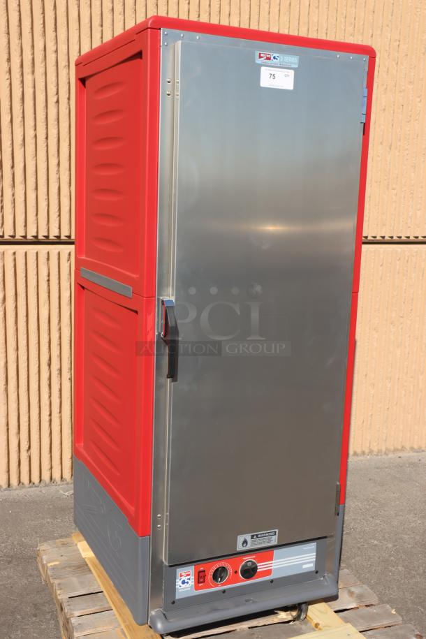 Brand new Metro C539-HLFS-4 hot holding cabinet, red, with solid door. Minor issues: bent wheel, damaged power cord. 