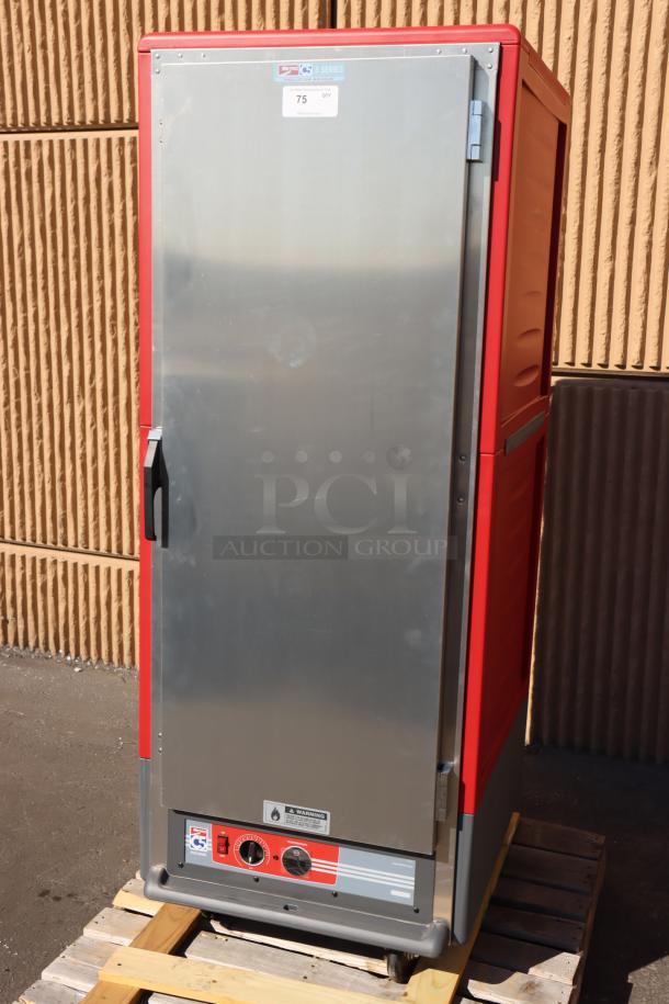 Brand new Metro C539-HLFS-4 insulated hot holding cabinet, red, with solid door. Scratch-n-dent, bent wheel, damaged power cord.