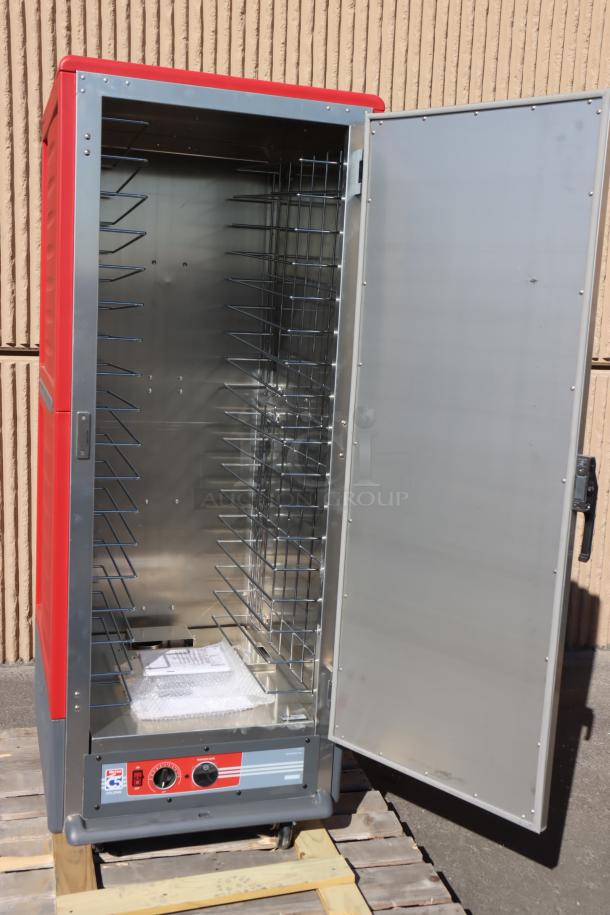 Brand new Metro C539-HLFS-4 red hot holding cabinet, solid door, 120V. Wheel bent, power cord needs replacing.