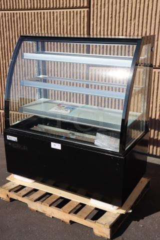 Brand new Avantco BCT-48 refrigerated bakery display case, black, 3 shelves, LED lighting, left glass pane broken.