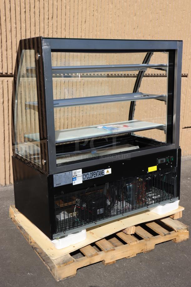 Brand new Avantco BCT-48 bakery display case, 49", black, 3-shelf, LED lighting. Exterior glass broken on left side.