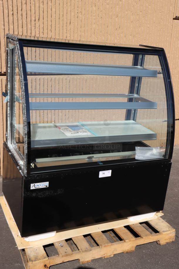 Avantco BCT-48 bakery display case, new with scratch-n-dent condition. 49" with broken left glass pane, LED lighting, black.