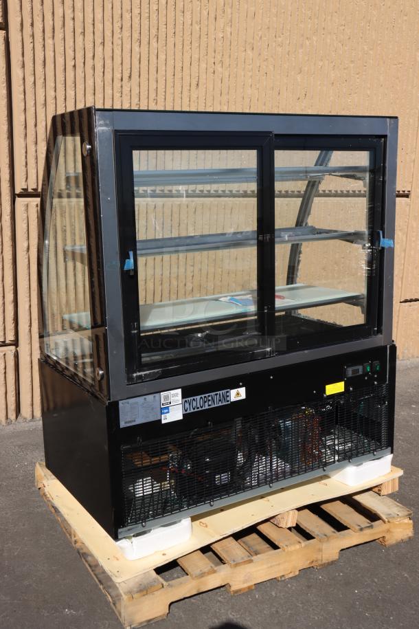 Brand new Avantco BCT-48 bakery display case, 49-inch black, 3-shelf, LED lighting, left glass pane broken. Serial: 1638412280053.