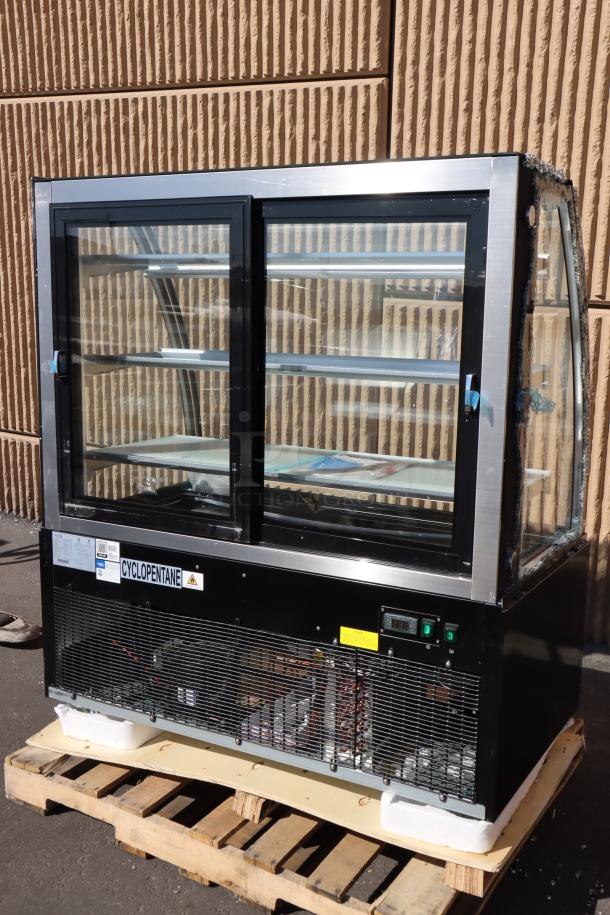 Avantco BCT-48 refrigerated bakery display case, black, 49", 3 shelves, LED lighting, left glass broken, serial 1638412280053.