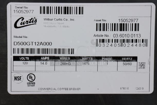 Curtis D500GT12A000 Automatic Airpot Coffee Brewer label showing serial no. 15052977, 120V, 14A, 1675W, 1 Phase.