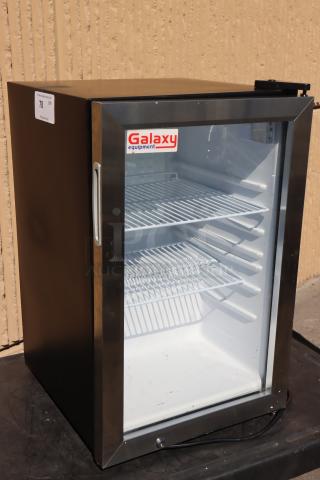 Brand new Galaxy CRG3B refrigerator, 2.5 cu ft, customizable display, slight scratches, black finish, 115V, serial no. 06825012580100087.
